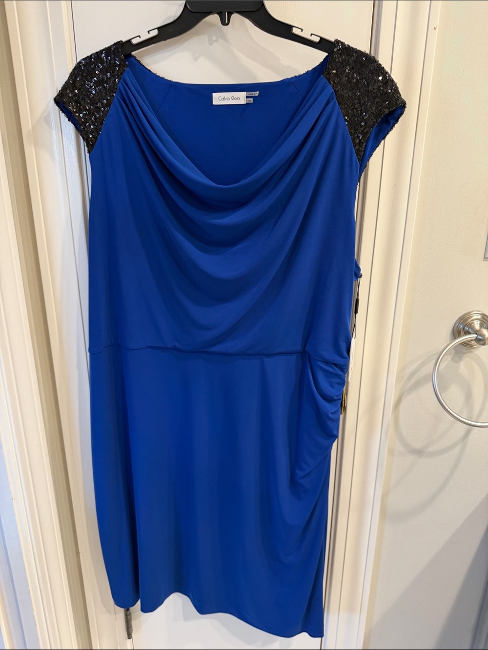 Calvin Klein Cobalt Blue Midi Dress with Black Sequin Shoulders